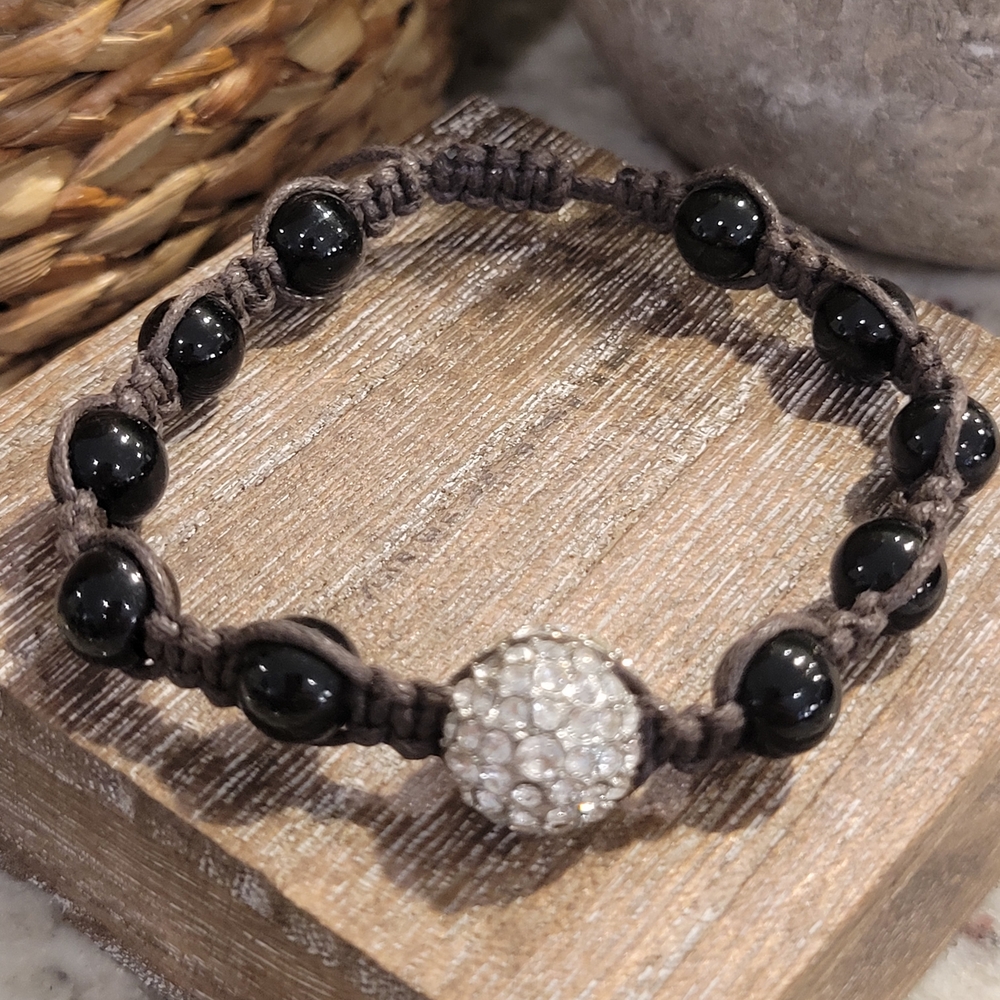 Black Beaded Bracelet with Sparkling Silver Accent